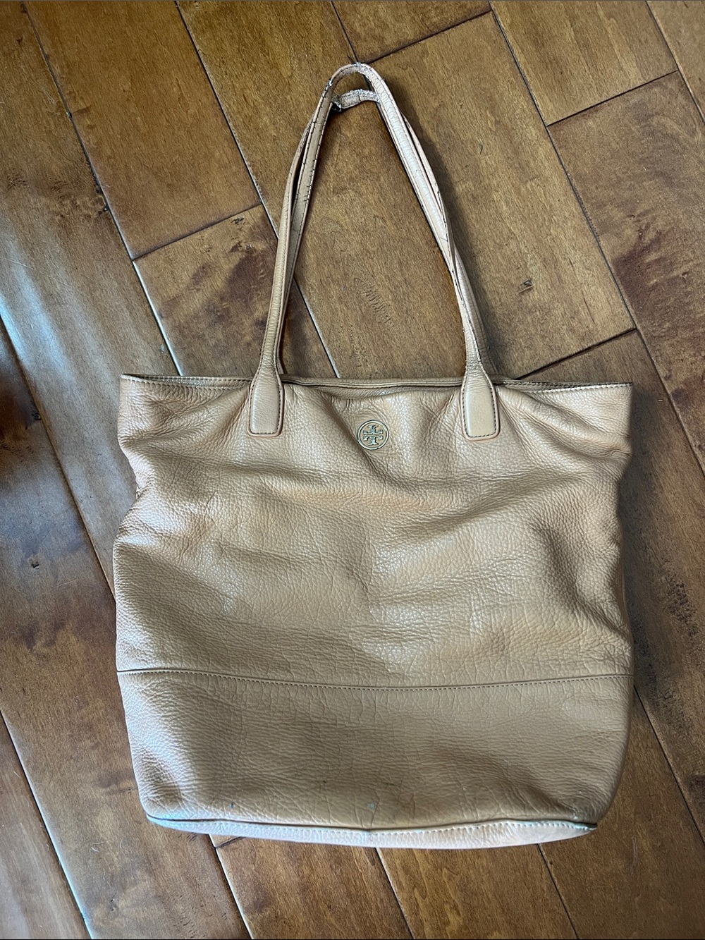 Tory Burch Pebbled Leather Tan Tote with Logo Medallion